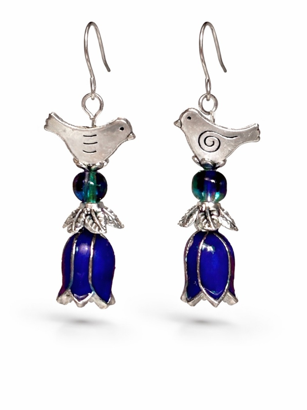 Silver Bird Earrings . Enamel Blue Flower . Boho Dangle Drop - Picture 4 of 7